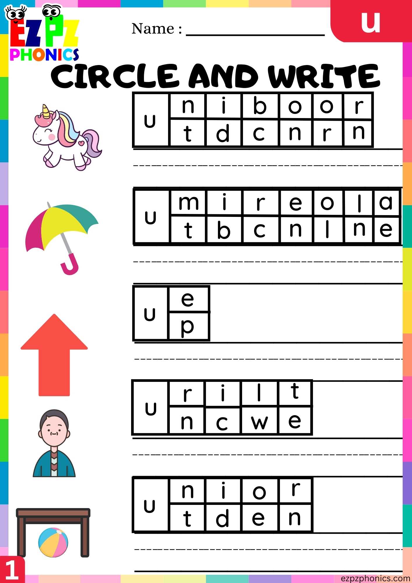 Letter U Circle And Write Beginning Sounds Worksheet